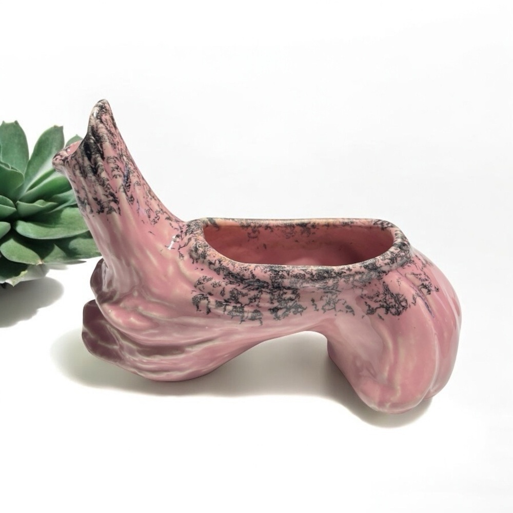 Vintage 1950s Drift Wood Style Pink & Black Ceramic Planter MCM